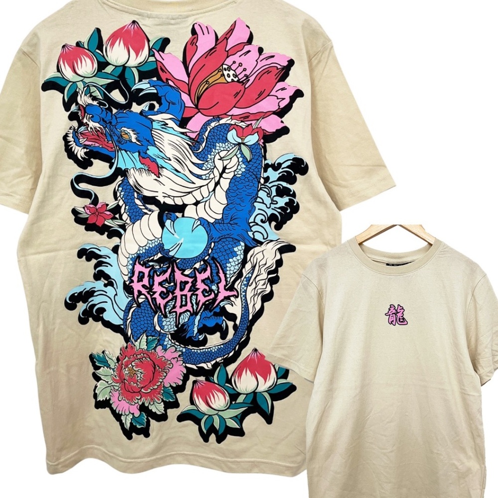 Rebel Vengeance Japanese Dragon Floral Graphic T-Shirt Men’s Large
